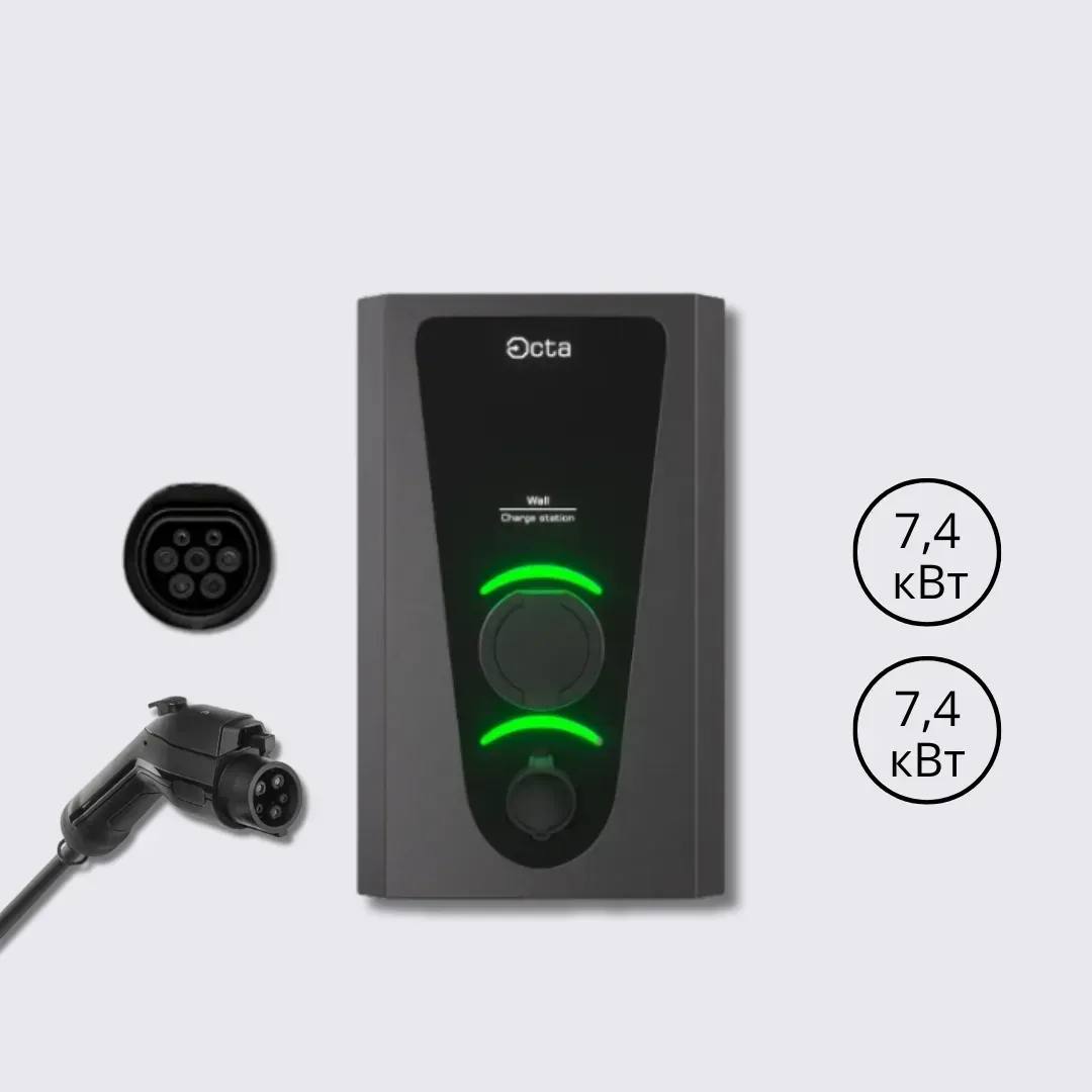 Зарядна станція Wall Octa Energy 32А 230В/400В 7,4+7,4 кВт з роз'ємом Socket Type 2  + Type 1 з кабелем 5м