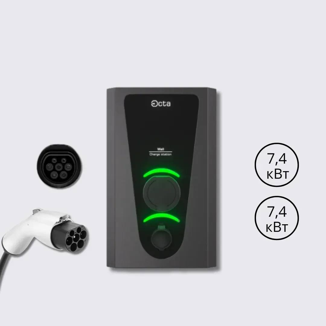 Зарядна станція Wall Octa Energy 32А 230В 7,4+7,4 кВт з роз'ємом Socket Type 2 + Type GBT з кабелем 5м