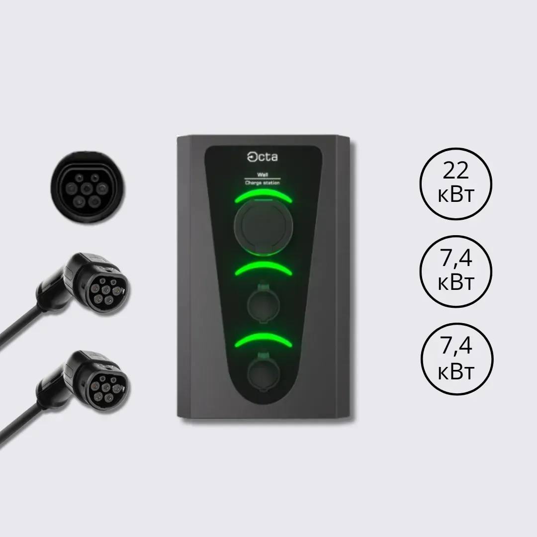 Зарядна станція Wall Octa Energy 64А 230В/400В 22+7,4+7,4 кВт з роз'ємом Socket Type 2 + Type 2 з кабелем 5м  + Type 2 з кабелем 5м