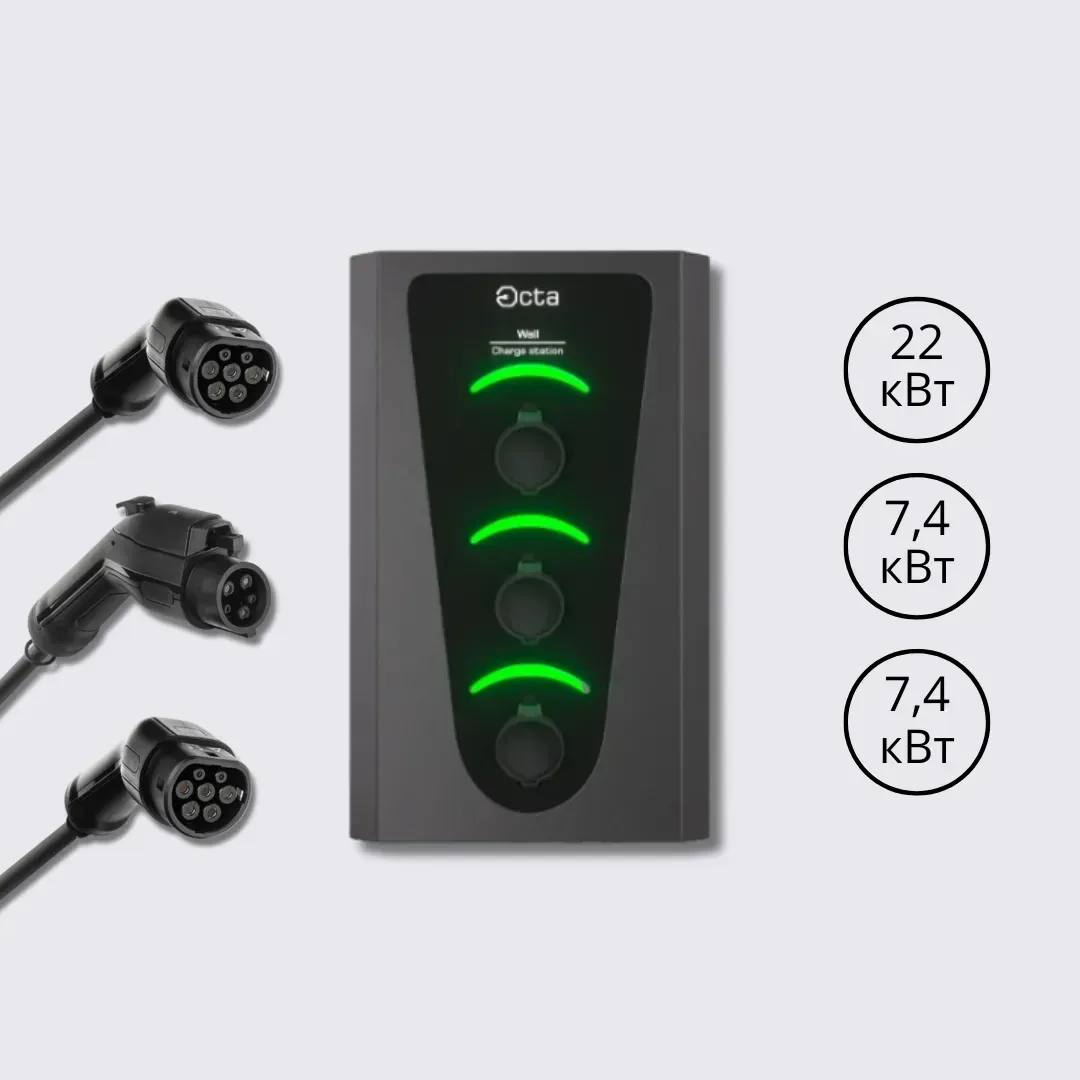 Зарядна станція Wall Octa Energy 64А 230В/400В 22+7,4+7,4 кВт з роз'ємом Type 2 з кабелем 5м + Type 1 з кабелем 5м  + Type 2 з кабелем 5м