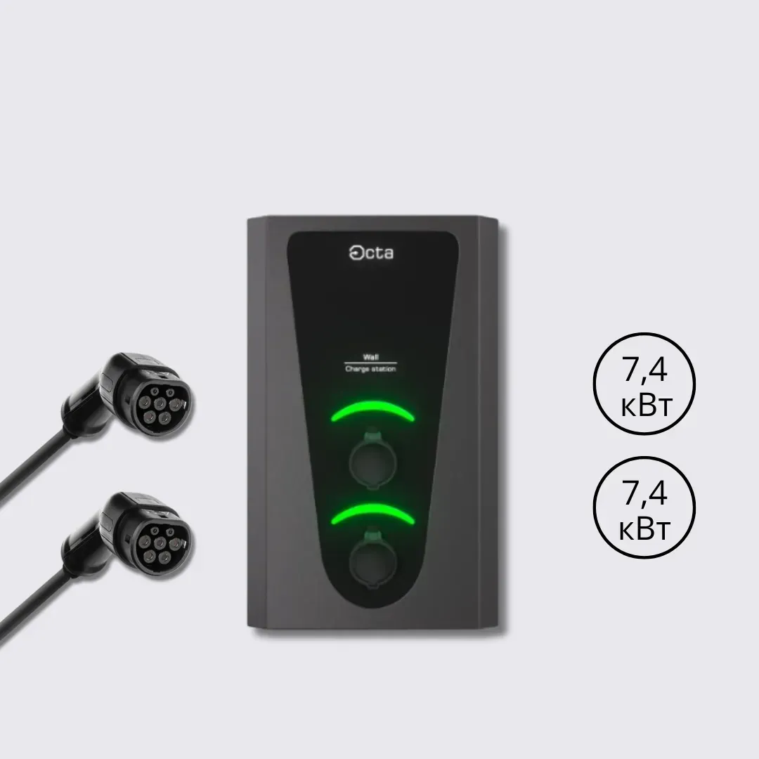 Зарядна станція Wall Octa Energy 32А 230В 7,4+7,4 кВт з роз'ємом Тype 2 + Type 2, з кабелем 5м