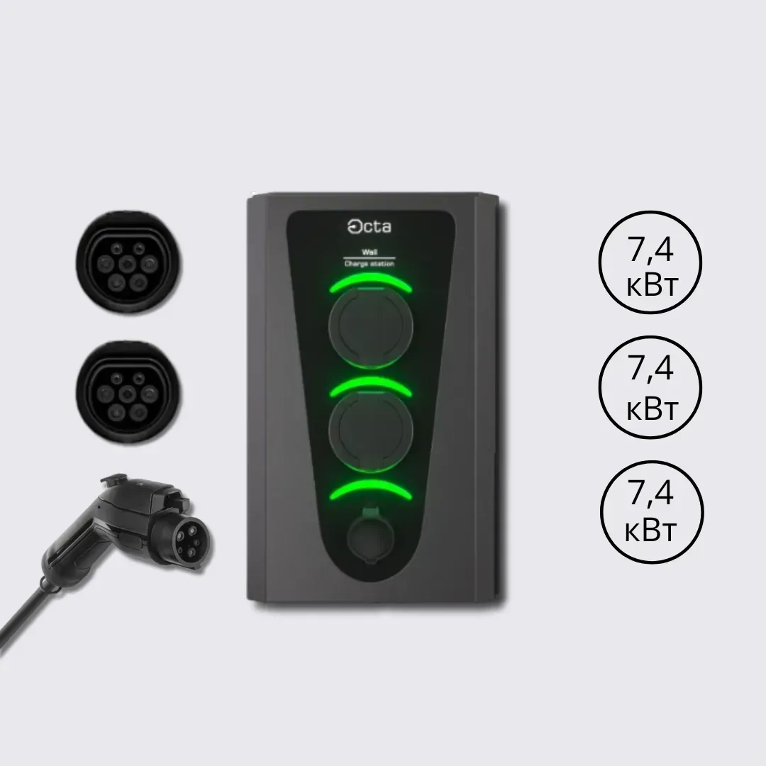 Зарядна станція Wall Octa Energy 32А 230В 7,4+7,4+7,4 кВт з роз'ємом Socket Type 2 + Socket Type 2 + Type 1 з кабелем 5м